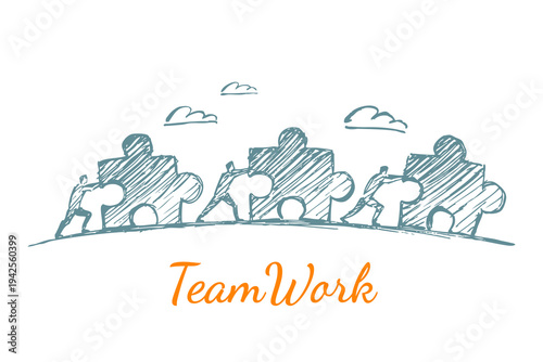 Team Work Sketch - people assembling puzzle pieces together