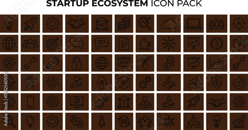 Startup ecosystem icon pack with innovation finance venture capital marketing growth teamwork and business development symbols