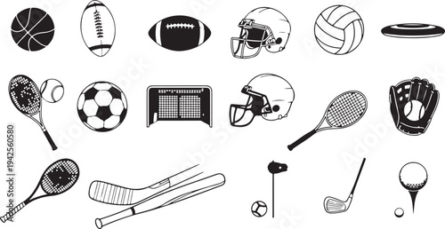 A diverse collection of sports equipment and accessories from various games isolated on transparent background, Vector