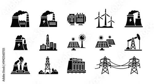 Energy sources and power generation icons in a black silhouette