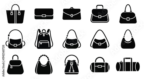 Collection of various handbag and purse designs in black silhouette