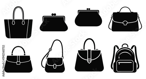 Various styles of handbags and purses depicted in black silhouette