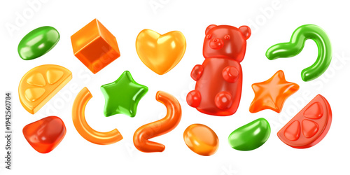 3d jelly shapes, abstract marmalade elements. Glossy isolated sweets, multicolored gummy desserts. Soft chubby candies. Vector illustration. Chewy inflated snacks set.