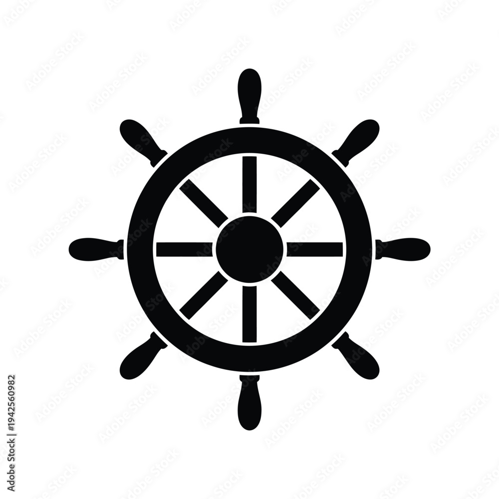 Obraz premium A simple black and white illustration of a ship s steering wheel