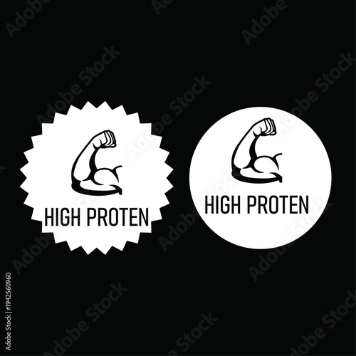 High protein logo labels with flexed arm icons