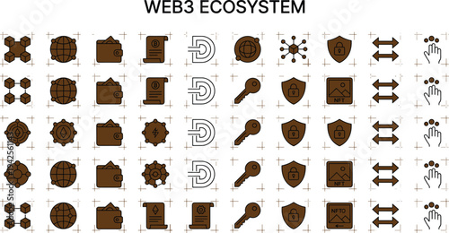 Web3 blockchain ecosystem icon set with decentralization cryptocurrency nft smart contracts security and digital network symbols