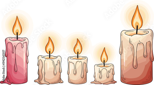 Burning Candles in Different Sizes with Melting Wax, Warm Light Illustration"