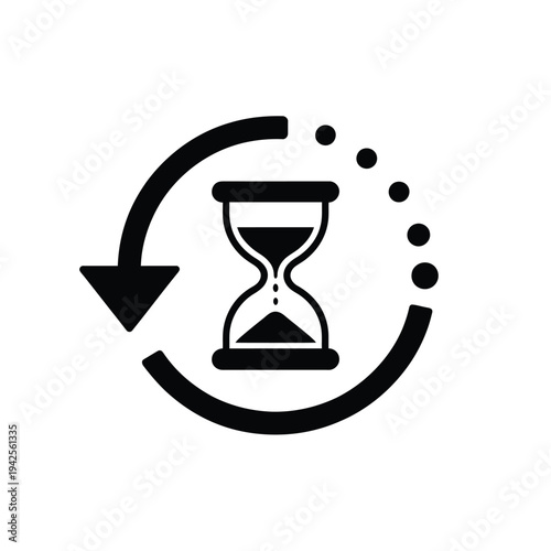 Black and white illustration of an hourglass with a circular arrow