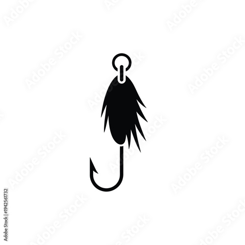 A simple black silhouette of a fishing lure with a hook and feathered tail