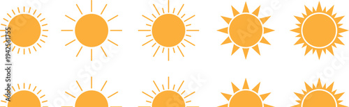 Big set of realistic sun icon for weather design. Sun pictogram, flat icon. Trendy summer symbol for website design, web button, mobile app. Template vector illustration. Isolated on white background.