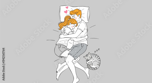 Cute Couple Cuddling in Bed with Sleeping Cat Vector Illustration, Depicting Intimacy, Love, and Comfort for Relationship Content and Valentine's Day Designs