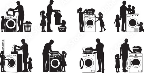 Black and white silhouettes of families doing laundry with washing machines children