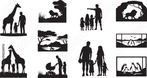 Black silhouettes of families and wildlife in nature scenes family children parents