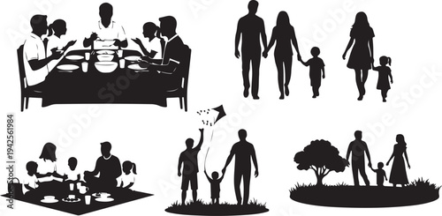 Black silhouettes of families engaging in various activities together children parents