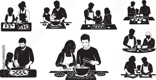 Families and individuals baking cookies together in a kitchen setting