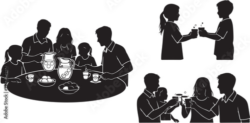 Family and friends enjoying breakfast and toasting with coffee cups