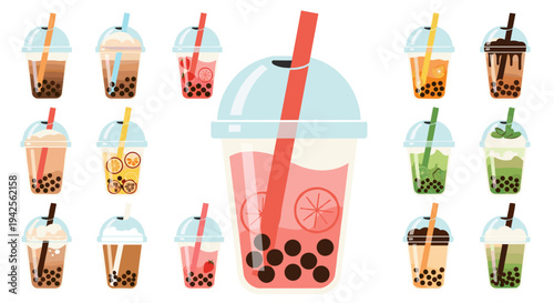A vibrant collection of bubble tea drinks in various flavors and colors, featuring tapioca pearls and straws, perfect for refreshing beverage concepts.