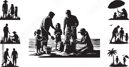 Family Building Sandcastles on the Beach with Umbrella and Palm Tree