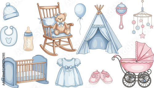 Baby Nursery Items, Crib, Clothes, Teddy Bear, and More in Soft Colors"