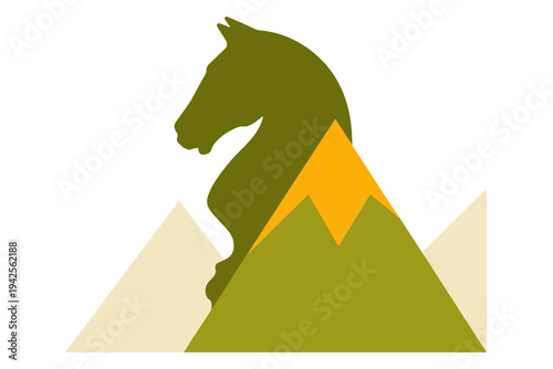 Green and gold chess knight head with stylized mountain background