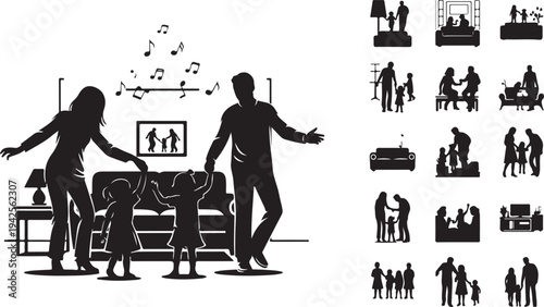 Family silhouettes engaging in various activities in a living room with musical notes and framed