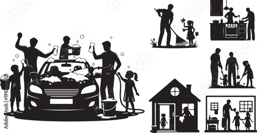 Family Silhouettes Engaging in Various Household Activities black