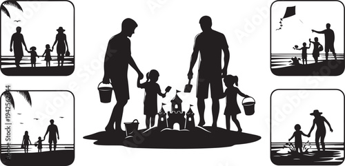 Family silhouettes enjoying beach activities with sandcastle building and kite flying