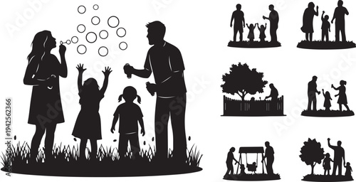 Family silhouettes enjoying outdoor activities with bubbles and trees children