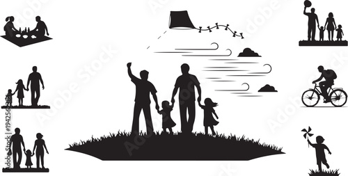 Family silhouettes enjoying outdoor activities on a sunny day children