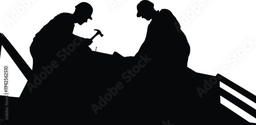 Silhouette of Construction Workers on Roof with Tools Isolated on White Background