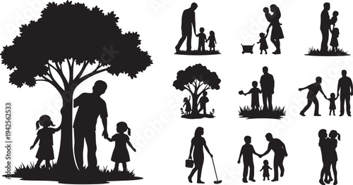 Silhouettes of families and individuals engaging in outdoor activities with a large tree