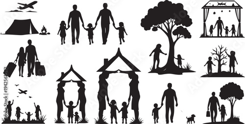 Silhouettes of families and outdoor activities with trees and houses children parents