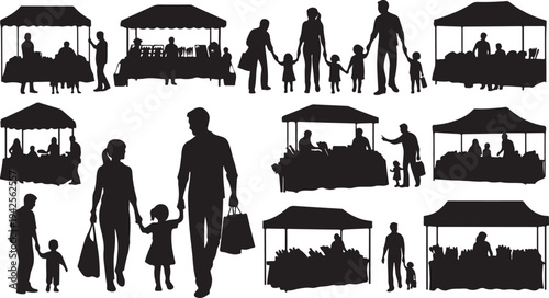 Silhouettes of families and people at a market with tents and stalls