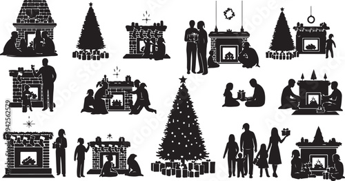 Silhouettes of families celebrating Christmas with decorated trees and fireplaces