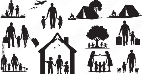 Silhouettes of families engaging in various activities and settings children parents
