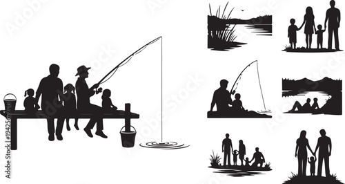 Silhouettes of family fishing and enjoying nature together outdoors