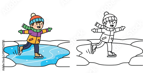 Cute cartoon boy ice skating on a frozen pond. Winter activity vector illustration with full color and black and white outline for coloring book page.