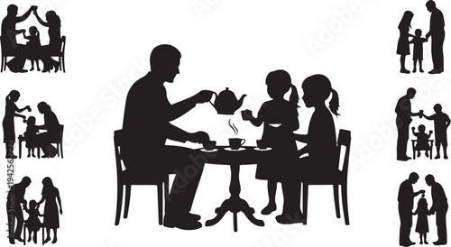Silhouettes of family enjoying tea together at a table with smaller family scenes around