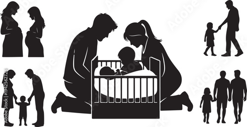 Silhouettes of Family Moments from Pregnancy to Childhood in Black and White baby