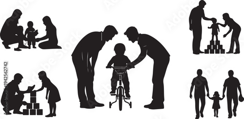 Silhouettes of parents and children engaging in various activities together black