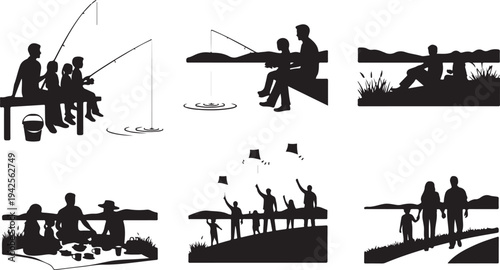 Silhouettes of people engaging in outdoor activities near water fishing