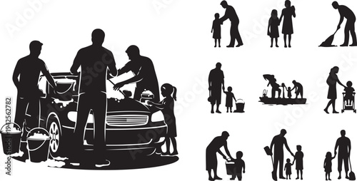 Silhouettes of people engaging in various community and family activities around a car and buckets