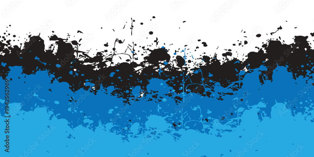 Obraz premium Abstract grunge background with black and blue paint splatters and textured brush strokes on a white backdrop.