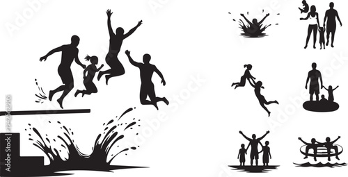 Silhouettes of People Jumping into Water and Playing in a Pool