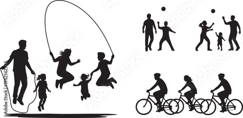 Silhouettes of people jumping rope, playing ball, and riding bicycles in black and white