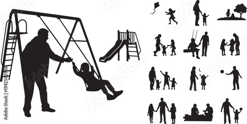 Silhouettes of people playing and interacting in a park with playground equipment