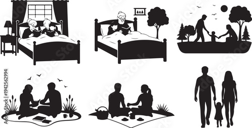 Silhouettes of people reading and spending time together in various settings book