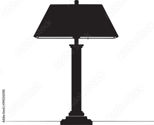 A sleek black floor lamp with a square lampshade and a black base isolated on transparent background, Vector