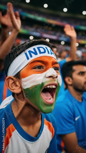 Young Indian boy cheering with face paint and headband at cricket match in stadium