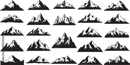 A collection of diverse mountain illustrations showcasing various peak formations and styles isolated on transparent background, Vector
